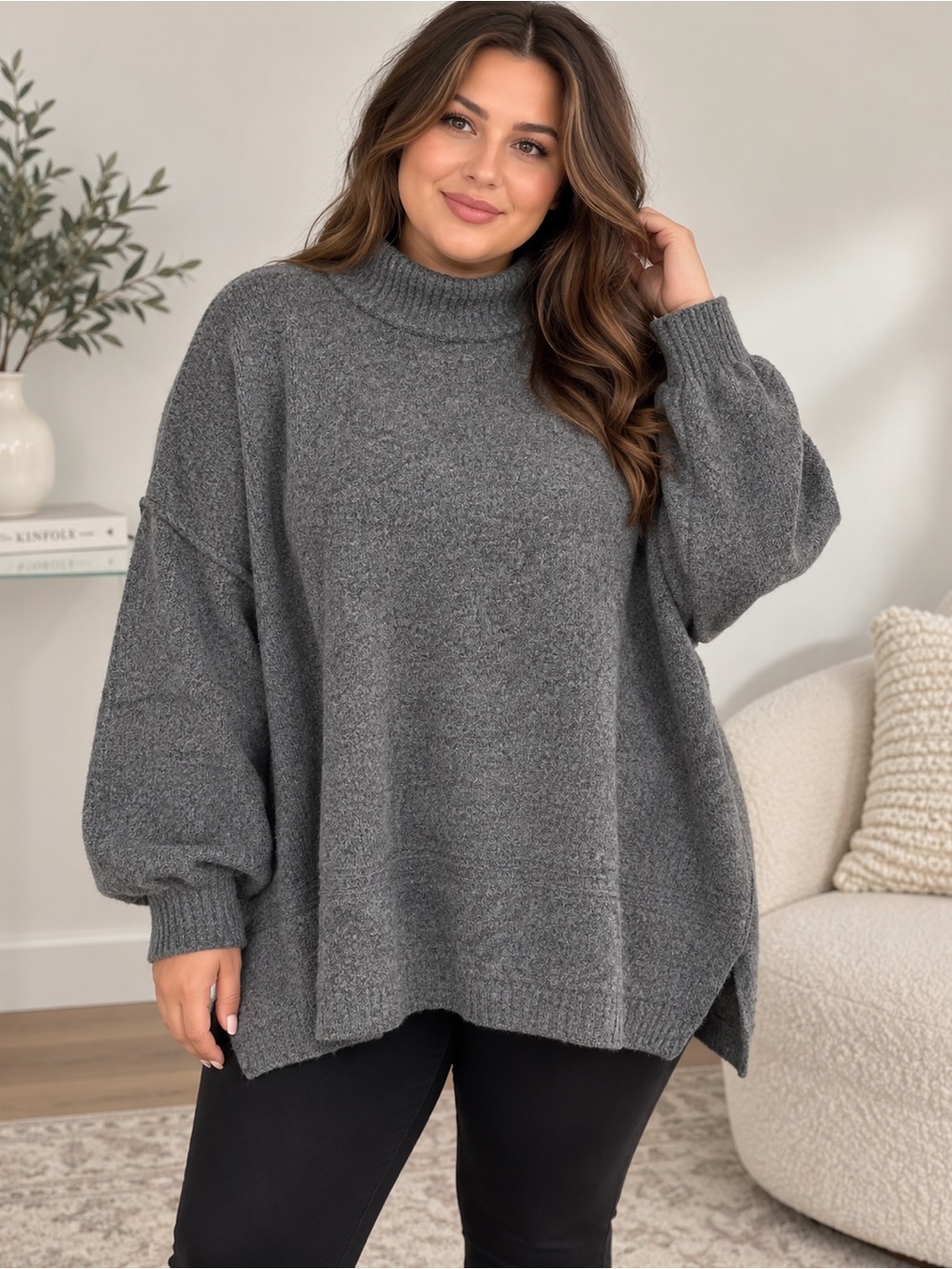 BTFBM Gray Oversized Mock Neck Sweater Balloon Sleeve XXL
